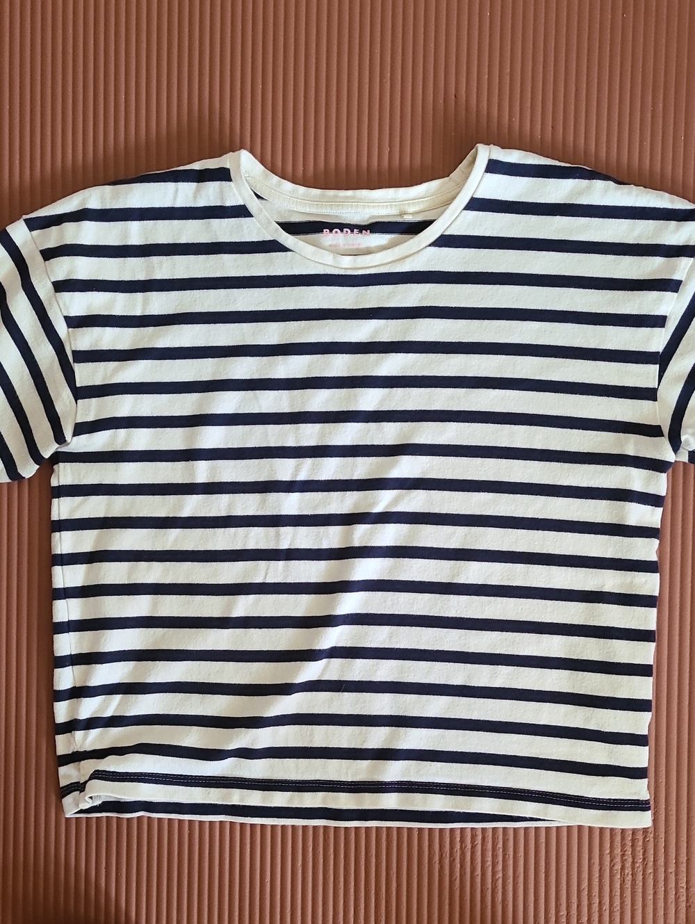 Boden Navy and Cream Striped Crewneck Tee